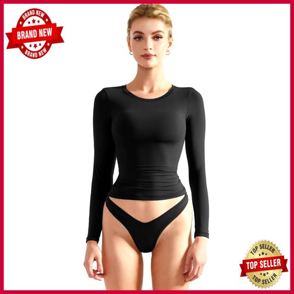 Tops - Double Lined Fitted Crop Top Long Sleeve T-Shirt Slim Fit Basic Tee